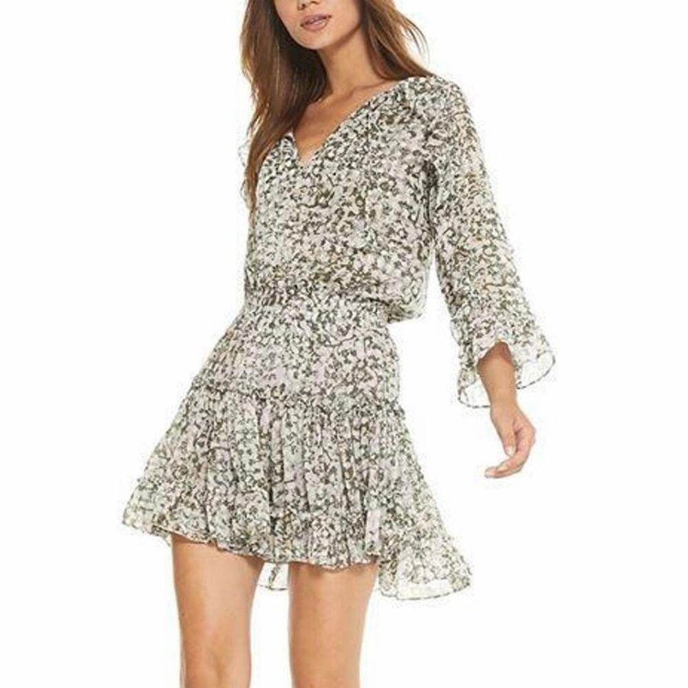 MISA Los Angeles Penelope Floral Pleated Mini Dress Sheer Long Sleeve Boho NWOT